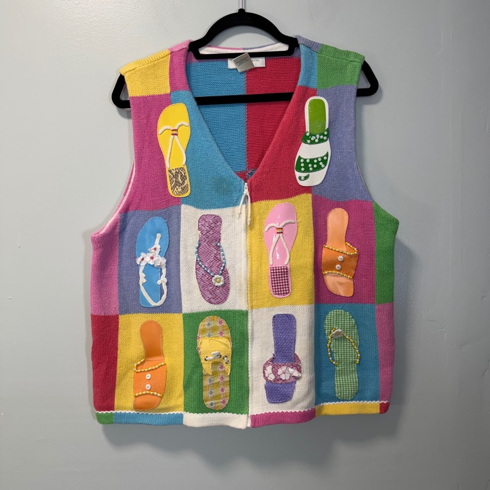 Susan Bristol Vintage Patchwork Flip Flop Knit Vest XL Multi Color Zip Up